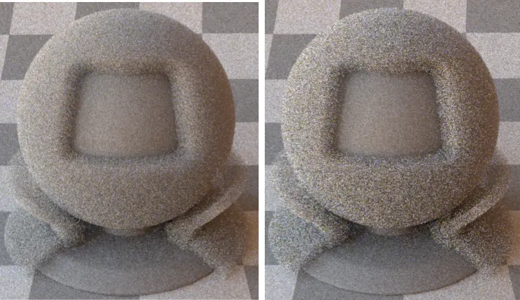 Two renderings of homogeneous media which demonstrate the higher amount of noise of our implementation.